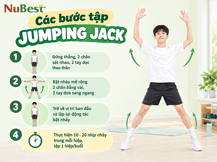 Các bước tập Jumping Jack giúp tăng chiều cao.
