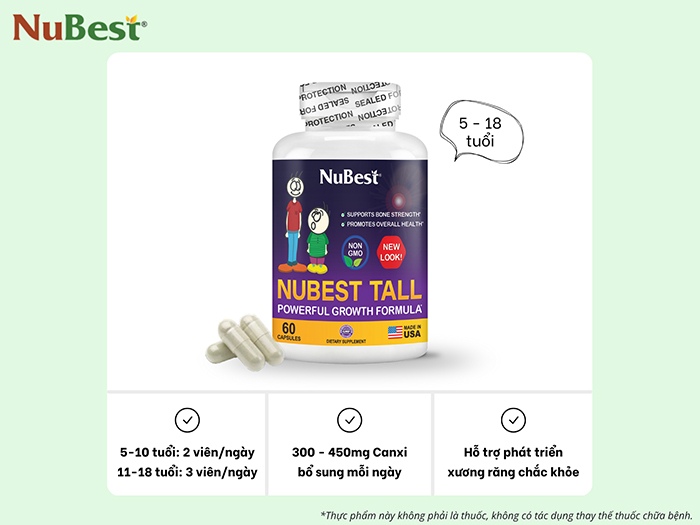 TPBVSK NuBest Tall hỗ trợ bổ sung 300 - 450mg Canxi mỗi ngày