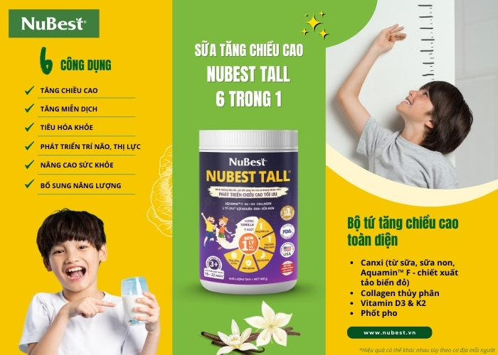 Sữa tăng chiều cao NuBest Tall 6 trong 1 chứa đựng bộ thành phần lý tưởng cho chiều cao