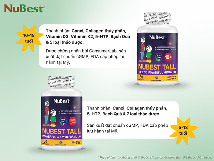 Bộ đôi sản phẩm TPBVSK dòng NuBest Tall của Mỹ hỗ trợ phát triển xương cho trẻ 10 tuổi