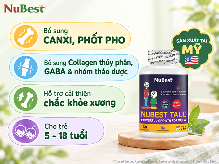 TPBVSK NuBest Tall bổ sung Canxi, Phốt pho cho trẻ 5 - 18 tuổi.