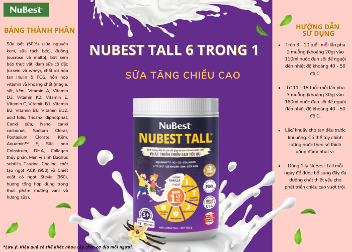 Tiện lợi hơn với 1 ly sữa NuBest Tall 6 trong 1/ngày, trẻ nhận trọn vẹn dưỡng chất bứt phá chiều cao