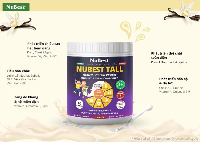 Sữa bột NuBest Tall hương Vanilla cung cấp các chất dinh dưỡng thiết yếu cho trẻ 