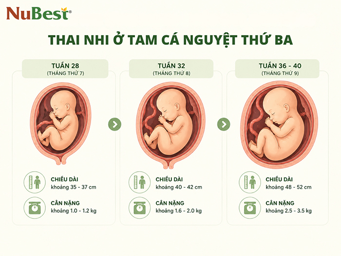Thai nhi tăng mạnh chiều cao, cân nặng ở tam cá nguyệt cuối.