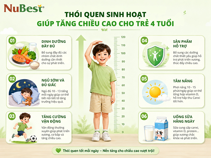 Tổng hợp thói quen sinh hoạt giúp tăng chiều cao cho trẻ 4 tuổi.