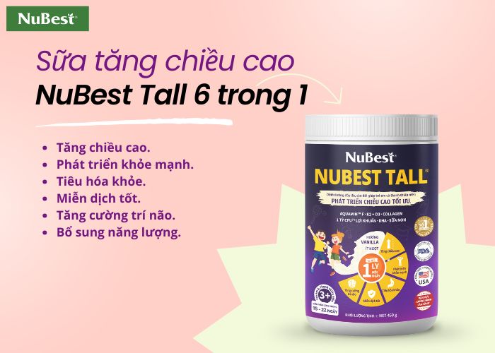 Sữa tăng chiều cao NuBest Tall 6 trong 1 bổ sung dinh dưỡng giúp trẻ 7 tuổi tăng chiều cao và phát triển khỏe mạnh.