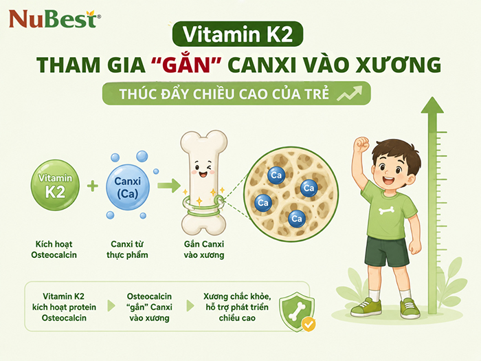 Vitamin K2 tham gia “gắn” Canxi vào xương, thúc đẩy chiều cao.